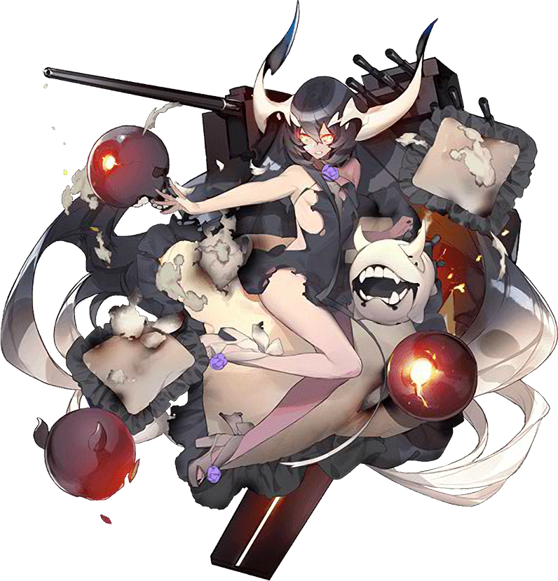 akira_(kadokawa) anchorage_water_oni angry black_hair full_body horns kantai_collection long_hair machinery official_art outstretched_arm pale_skin red_eyes resized shinkaisei-kan swimsuit torn_clothes transparent_background turret upscaled waifu2x