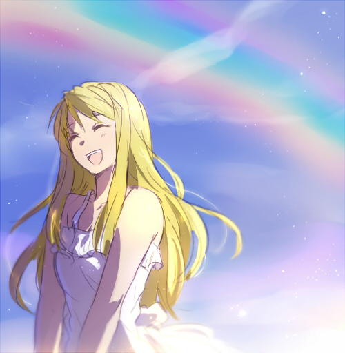 ^_^ arms_at_sides bare_arms bare_shoulders blonde_hair closed_eyes day dress eyebrows_visible_through_hair floating_hair fullmetal_alchemist happy long_hair open_mouth outdoors rainbow riru sky sleeveless sleeveless_dress smile solo upper_body white_dress winry_rockbell