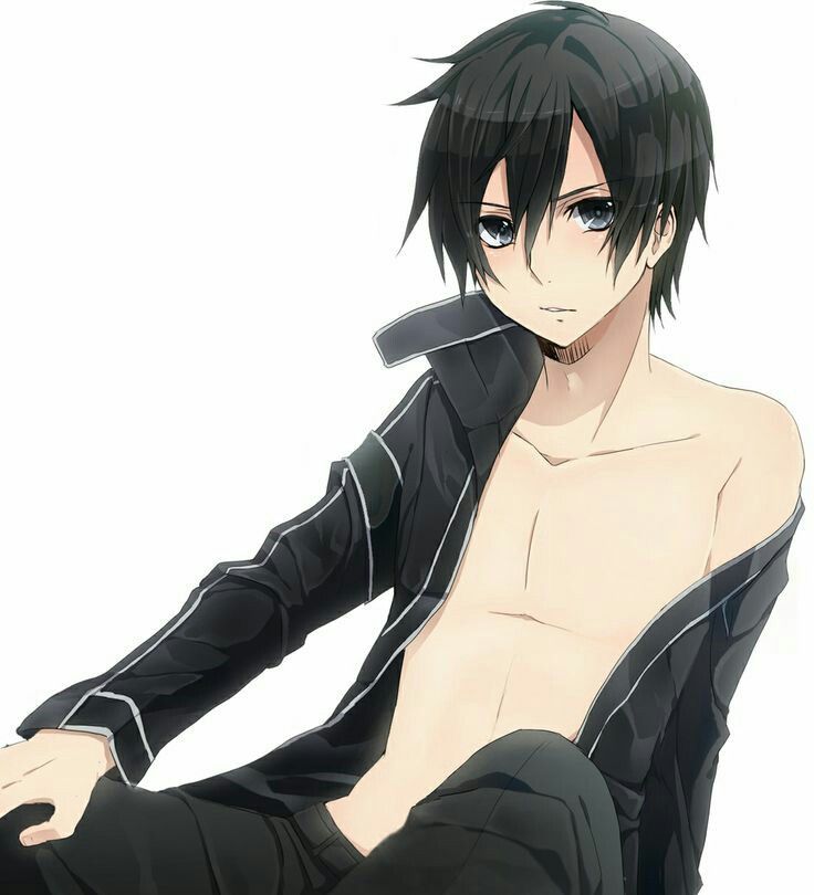 bad_id bad_pixiv_id black_eyes black_hair black_pants chest coat collarbone hand_on_own_thigh keita_(tundereyuina) kirito male_focus no_nipples off_shoulder open_clothes pants parted_lips shirtless simple_background solo sword_art_online white_background