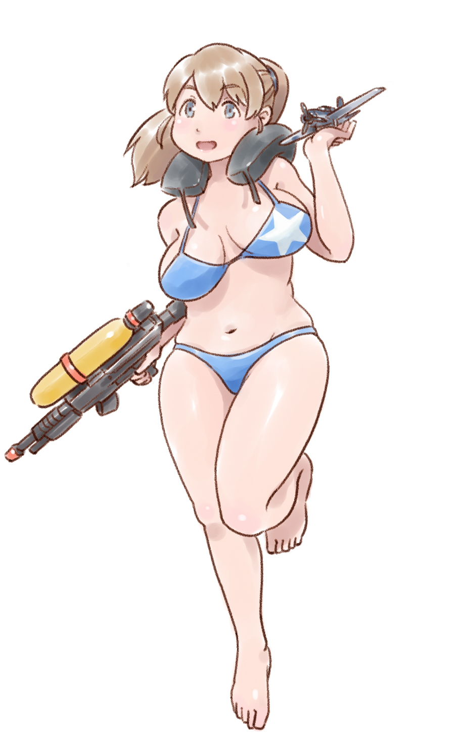 aircraft airplane barefoot bikini blue_bikini blue_eyes breasts brown_hair commentary_request full_body highres intrepid_(kantai_collection) kantai_collection karasu_(naoshow357) large_breasts navel neck_pillow ponytail short_hair simple_background solo super_soaker swimsuit water_gun white_background