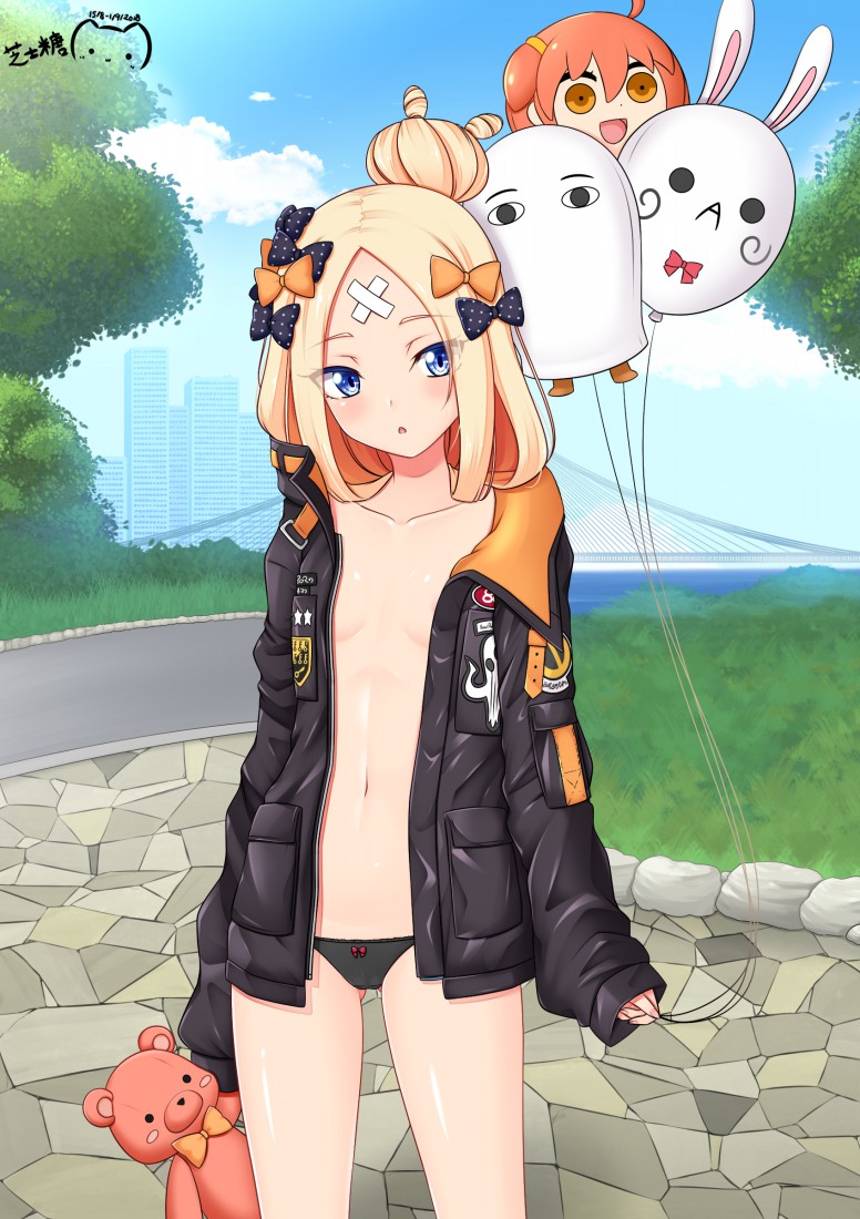 abigail_williams_(fate/grand_order) arms_at_sides ass_visible_through_thighs balloon bandaid bandaid_on_forehead bangs black_bow black_jacket black_panties blonde_hair blue_sky blush bow breasts bridge cloud collarbone commentary_request cowboy_shot crossed_bandaids dated day eyebrows_visible_through_hair eyes_visible_through_hair fate/grand_order fate_(series) fou_(fate/grand_order) fujimaru_ritsuka_(female) hair_bow hair_bun heroic_spirit_traveling_outfit holding holding_balloon holding_stuffed_animal jacket long_sleeves looking_at_viewer medjed navel no_bra open_clothes open_jacket open_mouth orange_bow outdoors panties parted_bangs polka_dot polka_dot_bow ppshex riyo_(lyomsnpmp)_(style) road shiny shiny_skin signature sky sleeves_past_wrists small_breasts standing street stuffed_animal stuffed_toy teddy_bear tree underwear