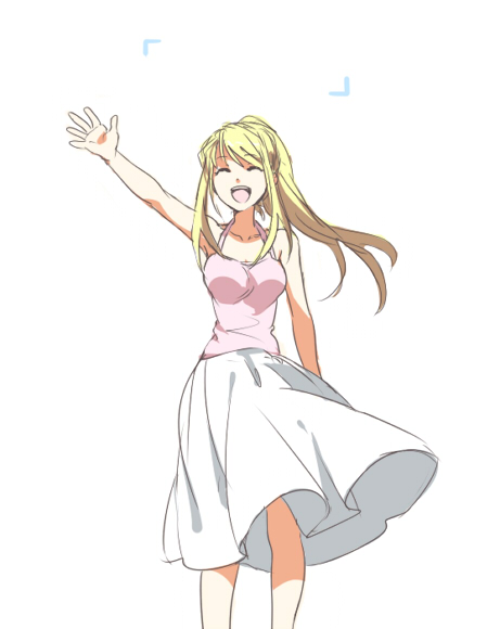 ^_^ arm_at_side arm_up bangs blonde_hair breasts closed_eyes clothes_lift eyebrows_visible_through_hair floating_hair fullmetal_alchemist happy long_hair long_skirt open_mouth pink_shirt ponytail riru shirt simple_background skirt sleeveless sleeveless_shirt smile solo waving white_background white_skirt wind wind_lift winry_rockbell