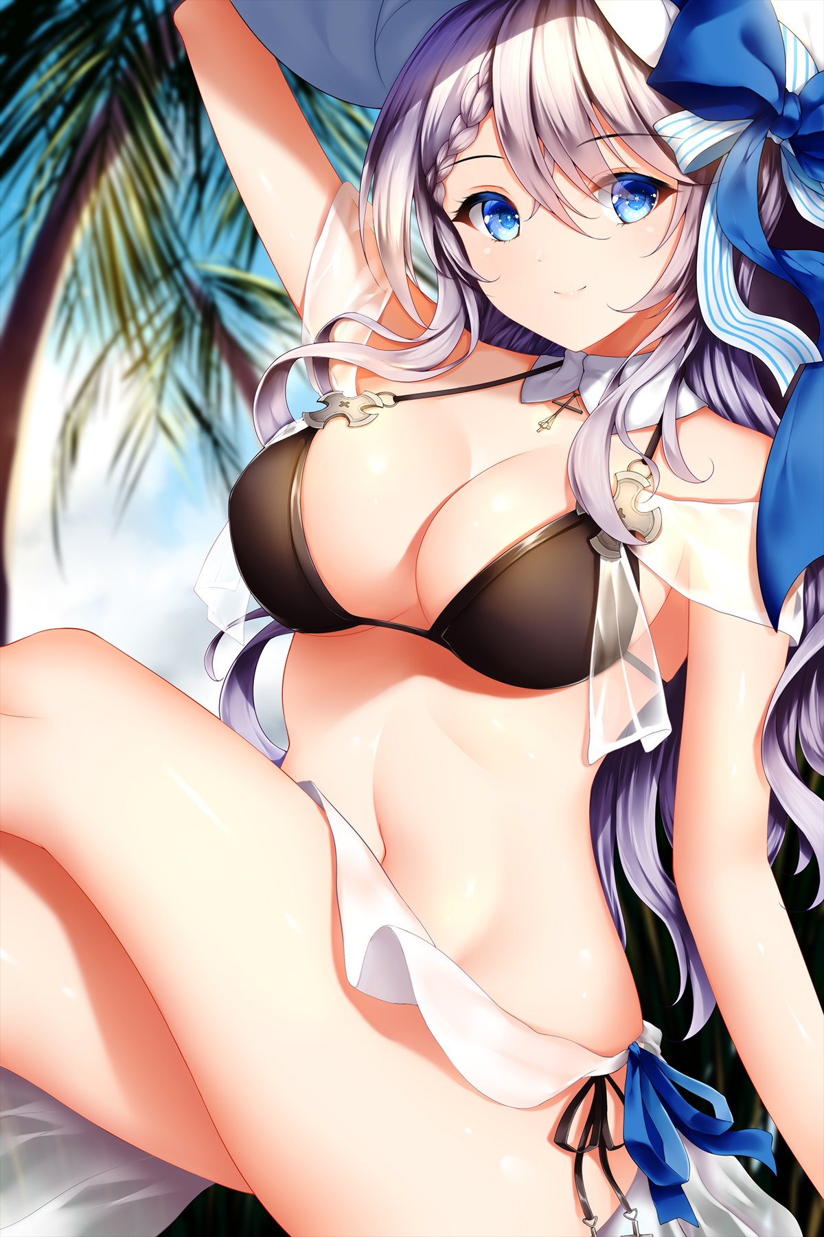 alternate_costume arm_support arm_up armpits azur_lane bangs bare_shoulders bikini black_bikini blue_bow blue_eyes blue_ribbon blue_sky blurry blurry_background blush bow braid breasts cleavage closed_mouth cloud collarbone commentary cross crossed_legs curvy day detached_collar eyebrows_visible_through_hair eyes_visible_through_hair french_braid hair_bow hair_ribbon hand_on_headwear hat head_tilt highres jewelry large_breasts lavender_hair long_hair looking_at_viewer navel necklace outdoors palm_tree ribbon sarong see-through shiny shiny_skin side-tie_bikini sidelocks sitting skindentation sky smile solo stomach striped striped_ribbon sun_hat swimsuit thighs tree very_long_hair vestal_(azur_lane) wavy_hair white_hat white_sarong wsman