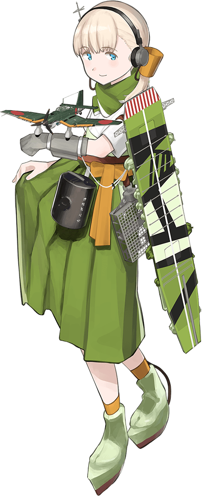 aircraft blonde_hair eyebrows_visible_through_hair flight_deck full_body gloves green_eyes hakama_skirt headphones japanese_clothes ju_87 kantai_collection looking_at_viewer machinery official_art remodel_(kantai_collection) ribbon rigging shibafu_(glock23) shin'you_(kantai_collection) short_hair side_ponytail smile solo transparent_background