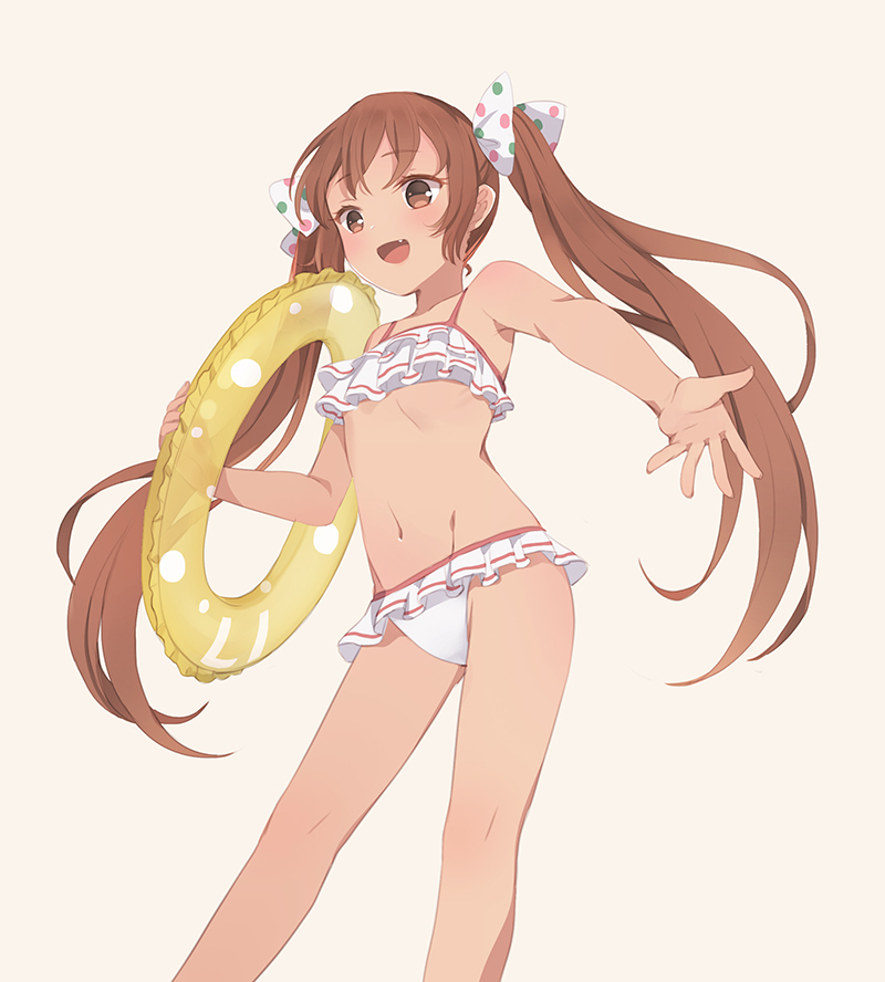ass ass_visible_through_thighs bangs bikini blush bow brown_eyes brown_hair commentary emia_wang eyebrows_visible_through_hair fang frilled_bikini frills groin hair_between_eyes hair_ribbon holding holding_innertube innertube kantai_collection libeccio_(kantai_collection) long_hair looking_at_viewer navel open_mouth polka_dot polka_dot_bow ribbon see-through simple_background smile solo standing swimsuit thighs twintails very_long_hair