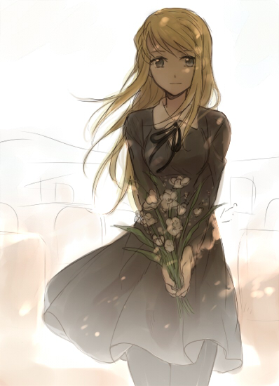 blonde_hair bouquet clothes_lift dappled_sunlight day dress expressionless floating_hair flower fullmetal_alchemist long_hair long_sleeves outdoors ribbon riru solo sunlight tombstone white_flower wind wind_lift winry_rockbell