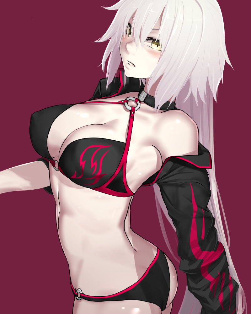 ass back bare_shoulders bikini black_bikini blush breasts choker cleavage covered_nipples fate/grand_order fate_(series) i-pan japanese_clothes jeanne_d'arc_(alter_swimsuit_berserker) jeanne_d'arc_(fate)_(all) long_hair off_shoulder purple_background shrug_(clothing) simple_background solo swimsuit white_hair yellow_eyes