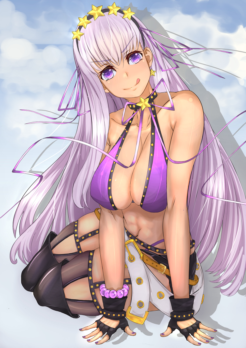bb_(fate)_(all) bb_(swimsuit_mooncancer)_(fate) belt bikini black_gloves breasts choker cleavage commentary commission earrings english_commentary fate/grand_order fate_(series) fingerless_gloves gloves gyaru hair_ornament hair_ribbon highres jewelry large_breasts long_hair loose_belt nail_polish parted_lips purple_bikini purple_eyes purple_hair purple_ribbon ribbon solo star star_choker star_earrings star_hair_ornament swimsuit taiko3000cc tan thighhighs tongue tongue_out very_long_hair