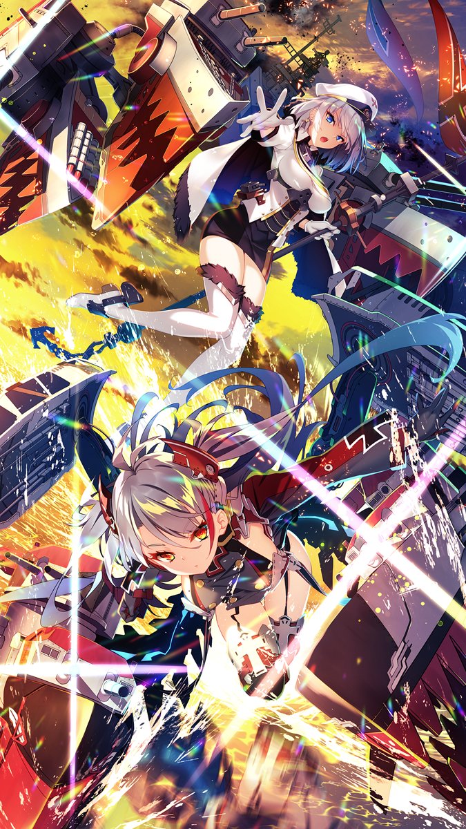 action antenna_hair armpit_cutout azur_lane bangs banner blue_eyes blush boots breasts brown_eyes cannon cape cleavage closed_mouth cloud commentary_request cross cross_earrings earrings evening eyebrows_visible_through_hair floating_hair fur-trimmed_cape fur-trimmed_footwear fur_trim gloves hair_between_eyes hat hayakawa_harui headgear high_heel_boots high_heels highres holding holding_staff iron_cross jacket jewelry jumping large_breasts leaning_forward leg_up light_particles long_hair long_sleeves looking_at_viewer machinery mid-stride military military_uniform mole mole_on_breast multicolored_hair multiple_girls norwegian_flag ocean open_mouth outdoors outstretched_arm peaked_cap pencil_skirt prinz_eugen_(azur_lane) red_hair reflection ribbon rigging rudder_shoes running short_hair sidelocks silver_hair skirt sparkle splashing staff streaked_hair sunset thigh_boots thighhighs thighs tirpitz_(azur_lane) torpedo_tubes turret two_side_up uniform very_long_hair water white_footwear white_gloves wide_sleeves wind wind_lift