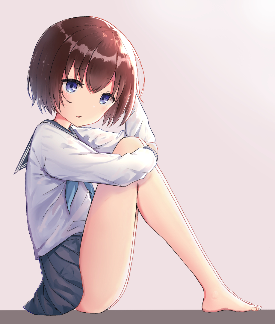 arm_up bangs bare_legs barefoot blue_eyes blue_neckwear blue_sailor_collar blue_skirt blush brown_background brown_hair commentary_request coraman eyebrows_visible_through_hair from_side full_body hair_between_eyes head_tilt leg_hug long_sleeves looking_at_viewer looking_to_the_side neckerchief original parted_lips pleated_skirt sailor_collar school_uniform serafuku short_hair sitting skirt solo two-tone_background