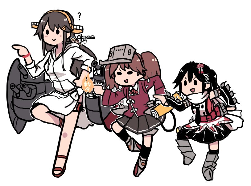 black_gloves black_skirt brown_hair commentary_request double-breasted elbow_gloves fairy_(kantai_collection) fingerless_gloves flat_color full_body genba_neko gloves hair_ornament haruna_(kantai_collection) hood hoodie japanese_clothes kantai_collection kariginu magatama meme multiple_girls neckerchief pointing remodel_(kantai_collection) ryuujou_(kantai_collection) scarf school_uniform sendai_(kantai_collection) serafuku shikigami simple_background single_thighhigh skirt standing standing_on_one_leg terrajin thighhighs twintails two_side_up visor_cap white_background white_scarf