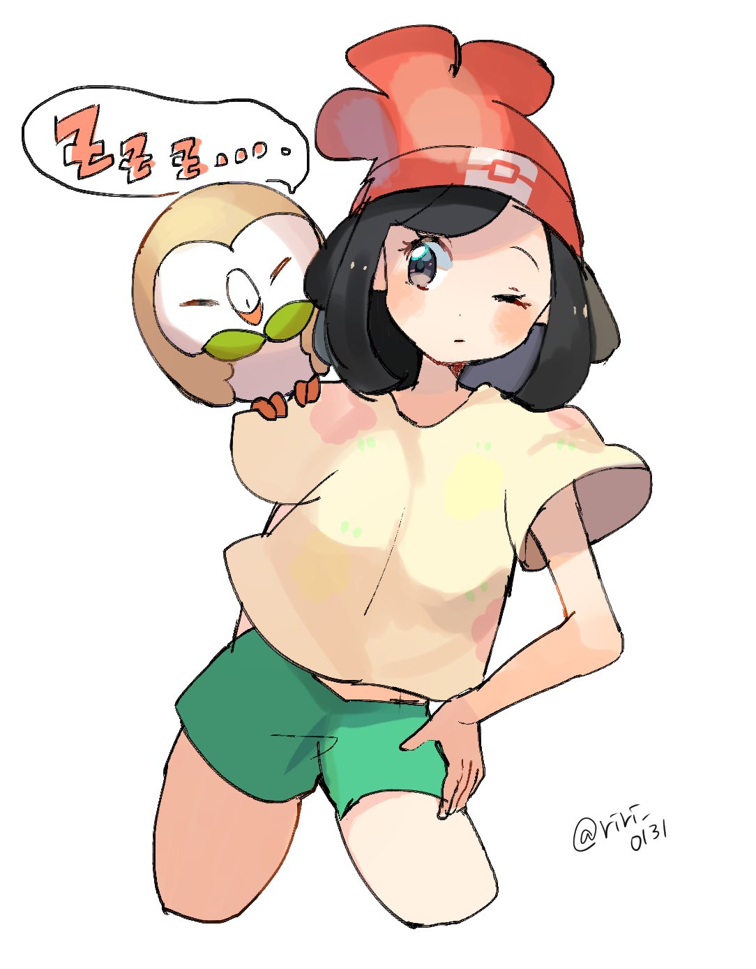 artist_name beanie bird black_eyes black_hair blush closed_mouth commentary_request cropped_legs floral_print gen_7_pokemon green_shorts hand_on_hip hat highres looking_to_the_side mizuki_(pokemon) one_eye_closed owl pokemon pokemon_(creature) pokemon_(game) pokemon_on_shoulder pokemon_sm red_hat ririmon rowlet shirt short_hair short_shorts short_sleeves shorts simple_background speech_bubble standing twitter_username white_background yellow_shirt zzz