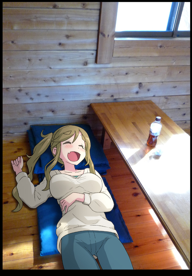 bench black_border border bottle breasts closed_eyes commentary_request eyebrows_visible_through_hair fang hase_yu inuyama_aoi large_breasts light_brown_hair long_sleeves lying on_back open_mouth photo_background side_ponytail sidelocks sleeping smile solo thick_eyebrows window wooden_floor wooden_wall yurucamp