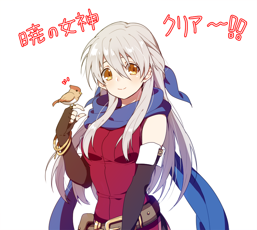 belt belt_pouch bird black_gloves blue_ribbon blue_scarf bracelet closed_mouth commentary_request elbow_gloves fingerless_gloves fire_emblem fire_emblem:_akatsuki_no_megami gloves hair_ribbon inha_(ingha) jewelry long_hair micaiah pouch ribbon scarf silver_hair simple_background sleeveless smile solo upper_body white_background yellow_eyes yune