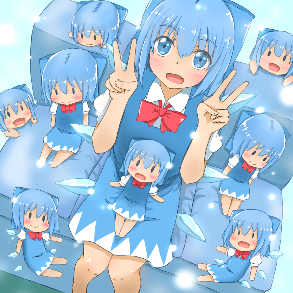 :3 arms_up blue_bow blue_dress blue_eyes blue_hair blush bow chibi cirno clone commentary_request couch double_v dress dutch_angle eyebrows_visible_through_hair fang feet_out_of_frame from_above hair_between_eyes hair_bow light_particles looking_at_viewer mizune_(winter) multiple_girls open_mouth pinafore_dress red_neckwear red_ribbon ribbon shirt simple_background sitting sitting_on_lap sitting_on_person smile solid_oval_eyes touhou v white_shirt wings
