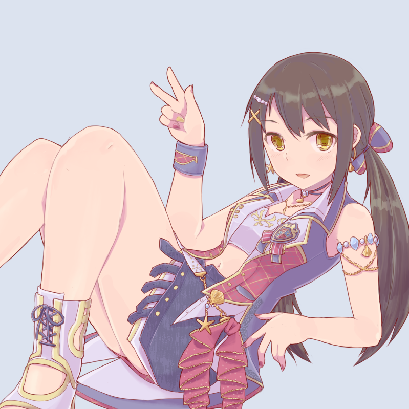 arm_at_side arm_up armlet aruan bangs bare_legs black_choker black_coat black_hair black_skirt blue_bow blush boots bow chain choker collared_coat crop_top cross-laced_footwear earrings emblem gold_chain gold_necklace grey_background grey_shirt hair_bow hair_ornament hoop_earrings idolmaster idolmaster_cinderella_girls idolmaster_cinderella_girls_starlight_stage jewelry knees_up lace-up_boots layered_skirt long_hair looking_at_viewer lying midriff multicolored multicolored_bow multicolored_coat multicolored_nails nail_polish nakano_yuka navel necklace open_mouth pearl_hair_ornament red_ribbon ribbon seashell seashell_earrings shell shirt sidelocks simple_background single_wrist_cuff skirt sleeveless_coat smile solo starfish starfish_earrings twintails v waistcoat white_footwear x_hair_ornament yellow_eyes