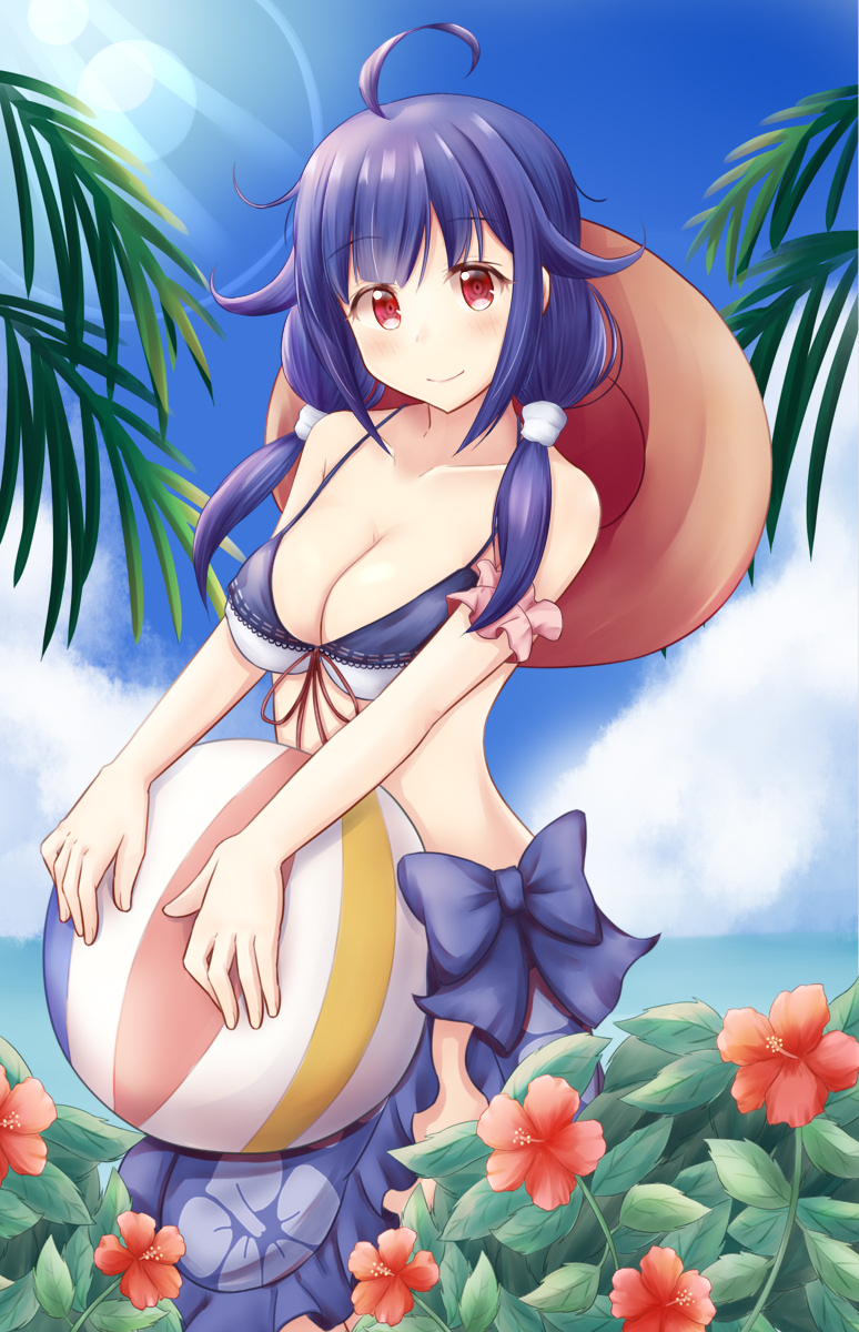 ahoge ball beachball bikini breasts cleavage cowboy_shot eyebrows_visible_through_hair flower hair_flaps hibiscus highres holding_beachball kantai_collection large_breasts looking_at_viewer low_twintails minakami_mimimi palm_tree pink_scrunchie purple_hair red_eyes scrunchie smile solo swimsuit taigei_(kantai_collection) tree twintails