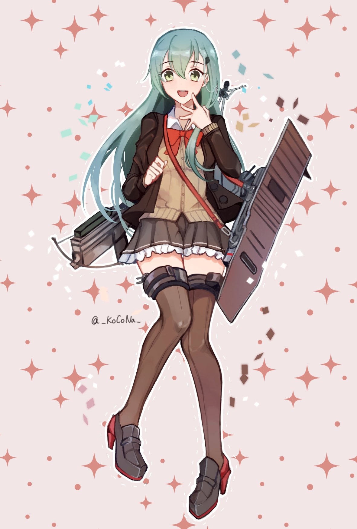 :d aqua_hair bow bow_(weapon) bowtie brown_jacket brown_legwear brown_skirt cardigan crossbow flight_deck full_body green_eyes hair_between_eyes hair_ornament hairclip highres jacket kantai_collection kocona long_hair looking_at_viewer machinery open_mouth pleated_skirt remodel_(kantai_collection) school_uniform skirt smile solo suzuya_(kantai_collection) thighhighs twitter_username weapon