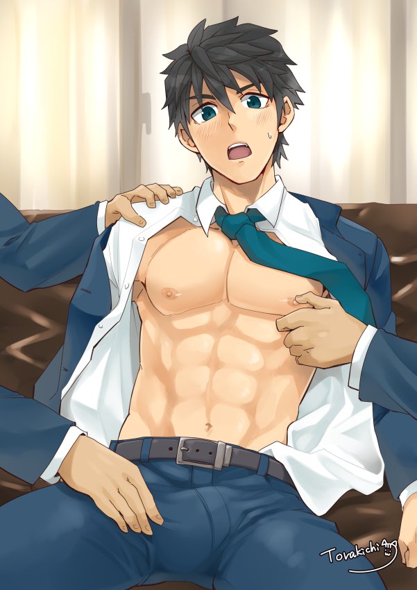 abs artist_name assisted_exposure belt blazer blue_eyes blue_jacket blue_neckwear blue_pants blush borrowed_character bulge chest couch dress_shirt hand_on_another's_thigh hands jacket long_sleeves looking_at_viewer looking_down male_focus muscle navel necktie nipple_tweak nipples open_clothes open_jacket open_mouth open_shirt original out_of_frame pants school_uniform shirt signature sitting solo_focus sweatdrop torakichi_(ebitendon) white_shirt