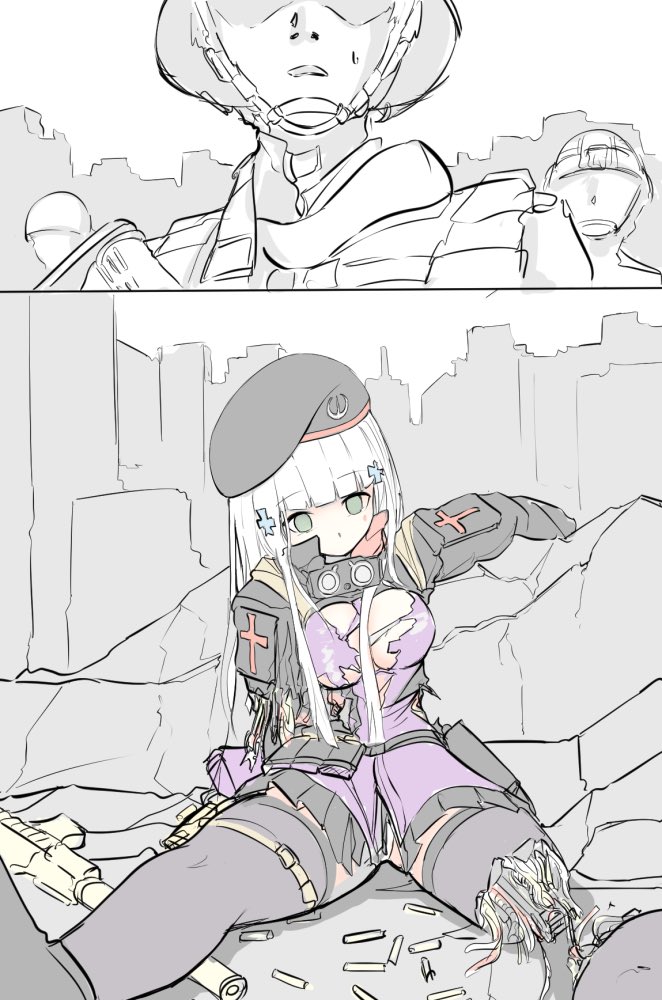 amputee android assault_rifle beret bodysuit breasts comic commentary_request girls_frontline grey_hair gun hat heckler_&amp;_koch hk416 hk416_(girls_frontline) long_hair m4_carbine mechanical_parts no_pupils rifle shell_casing sweat take_(trude1945oneetyan) thighs weapon
