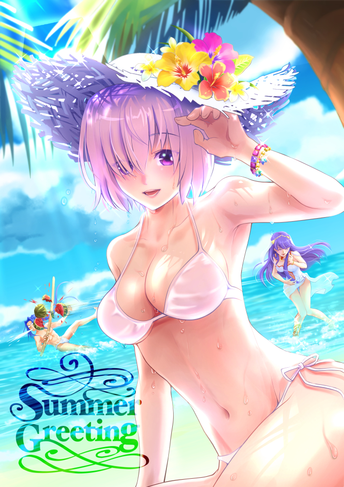 2girls :d assassin_(fate/stay_night) bikini blue_sky bracelet breasts cleavage closed_eyes collarbone day fate/grand_order fate_(series) floating_hair flower groin hat hibiscus jewelry kassan_(kassan_5a) long_hair looking_at_viewer mash_kyrielight medium_breasts multiple_girls ocean open_mouth outdoors palm_tree pink_hair purple_eyes purple_flower purple_hair red_flower saint_martha short_hair side-tie_bikini sky smile solo_focus straw_hat swimsuit tree underboob very_long_hair water wet white_bikini white_hat yellow_flower