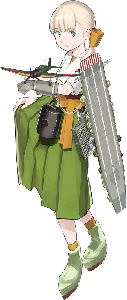 aircraft blonde_hair eyebrows_visible_through_hair flight_deck full_body gloves green_eyes hakama_skirt japanese_clothes kantai_collection looking_at_viewer machinery official_art ribbon rigging shibafu_(glock23) shin'you_(kantai_collection) short_hair side_ponytail solo transparent_background
