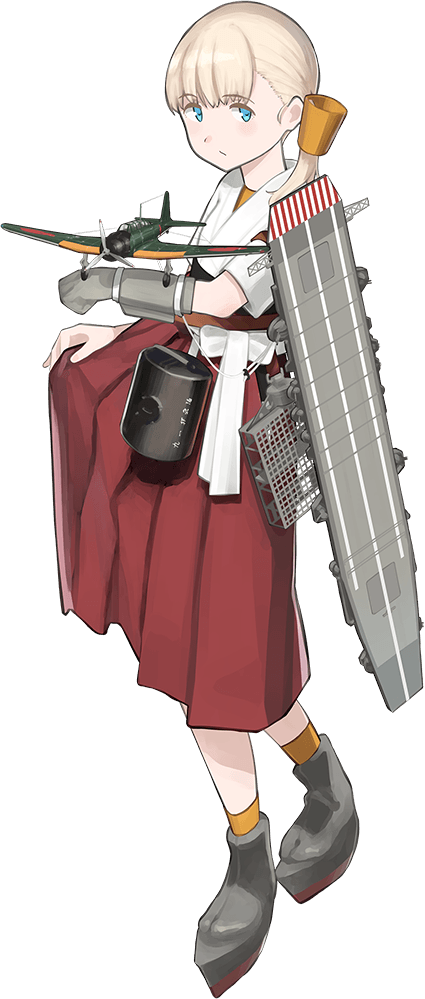 aircraft blonde_hair blue_eyes eyebrows_visible_through_hair flight_deck full_body gloves hakama_skirt japanese_clothes kantai_collection looking_at_viewer machinery official_art ribbon rigging shibafu_(glock23) shin'you_(kantai_collection) short_hair side_ponytail solo transparent_background