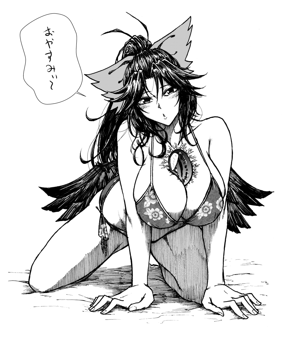 all_fours antenna_hair arm_support bare_arms bare_legs bare_shoulders bikini bird_wings bow breasts cleavage collarbone commentary_request fingernails floral_print full_body greyscale hair_bow head_tilt high_ponytail huge_breasts koyubi_(littlefinger1988) long_hair looking_at_viewer monochrome parted_lips ponytail print_bikini reiuji_utsuho scar side-tie_bikini side-tie_bottom skindentation solo swimsuit touhou translation_request wings