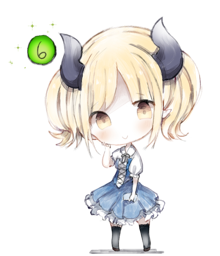 bangs black_legwear blonde_hair blue_dress blush brown_eyes brown_footwear chibi closed_mouth collared_shirt cottontailtokki curled_horns dress eyebrows_visible_through_hair full_body gremory_(shadowverse) head_tilt horns parted_bangs pleated_dress puffy_short_sleeves puffy_sleeves shadowverse shirt short_sleeves smile solo sparkle standing strapless strapless_dress thighhighs twintails white_background white_shirt