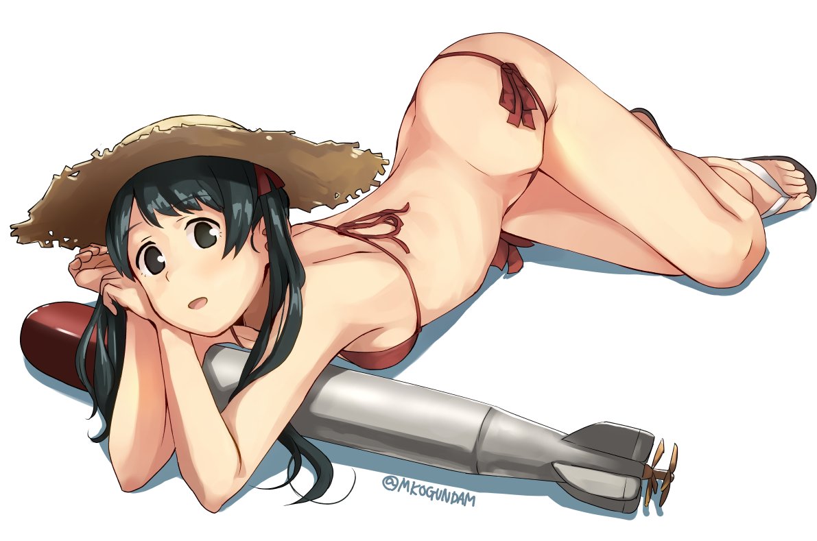 bikini black_hair breasts brown_eyes butt_crack hat kantai_collection long_hair looking_at_viewer lying makio_(makiomeigenbot) mikuma_(kantai_collection) on_stomach red_bikini sandals side-tie_bikini simple_background small_breasts solo straw_hat sun_hat swimsuit torpedo twintails twitter_username white_background