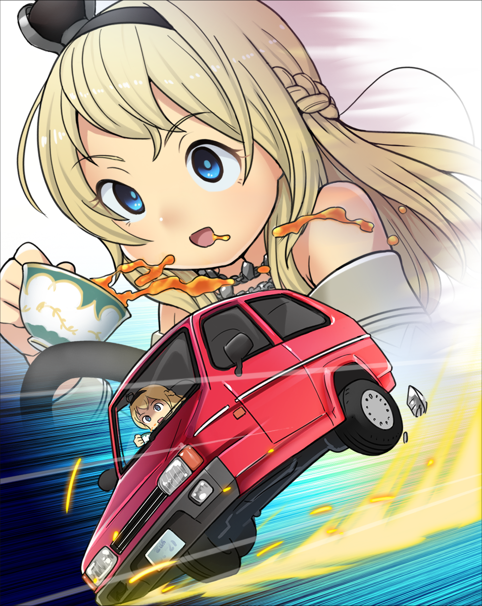 blonde_hair blue_eyes braid car close-up commentary_request crown cup dress driving emphasis_lines french_braid ground_vehicle highres inset jewelry kantai_collection long_hair mini_crown mizuki_kyouto motion_lines motor_vehicle necklace off-shoulder_dress off_shoulder partial_commentary reliant_robin solo spill spilling tea teacup upper_body warspite_(kantai_collection) zoom_layer