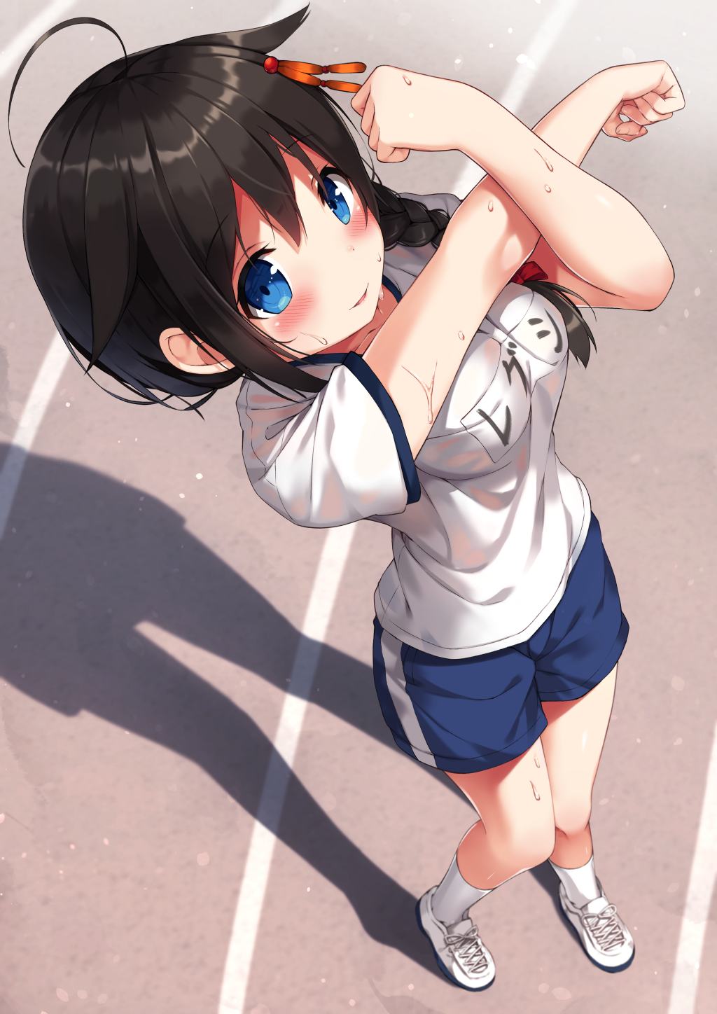 ahoge bangs black_hair blue_eyes blue_shorts blush braid breasts collarbone commentary_request day eyebrows_visible_through_hair ezoshika from_above full_body gym_shirt gym_uniform hair_between_eyes hair_flaps hair_ornament hair_over_shoulder highres kantai_collection long_hair looking_at_viewer looking_up medium_breasts name_tag outdoors parted_lips perspective remodel_(kantai_collection) shadow shigure_(kantai_collection) shirt shoes short_shorts short_sleeves shorts side_braid sidelocks single_braid smile socks solo standing stretch sweat white_footwear white_legwear white_shirt