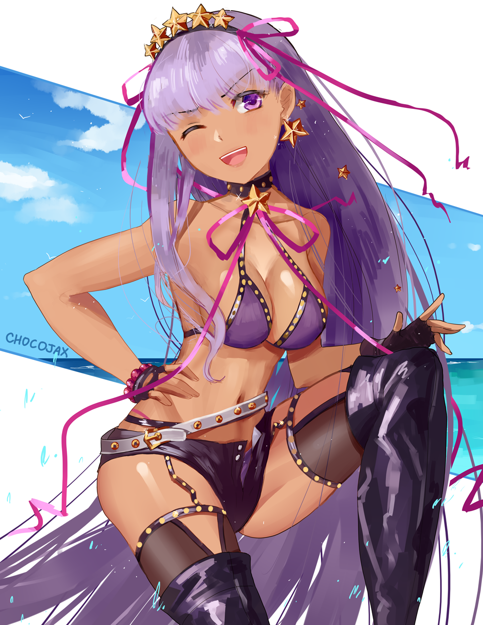 ;d artist_name bangs bare_arms bare_shoulders bb_(fate)_(all) bb_(swimsuit_mooncancer)_(fate) beach belt bikini bikini_under_clothes black_footwear black_gloves black_legwear black_shorts blue_sky blush boots breasts chocojax choker cleavage cloud cloudy_sky collarbone commentary day eyebrows_visible_through_hair fate/grand_order fate_(series) fingerless_gloves gloves gold_trim hand_on_hip head_tilt highres horizon lavender_hair long_hair looking_at_viewer loose_belt medium_breasts micro_shorts navel ocean one_eye_closed open_clothes open_fly open_mouth open_shorts outside_border purple_bikini purple_eyes ribbon sagging_breasts shiny shiny_hair shiny_skin shorts sideboob sky smile solo strap_gap swimsuit tan thigh_boots thighhighs thighhighs_under_boots unbuttoned v-shaped_eyebrows very_long_hair white_belt