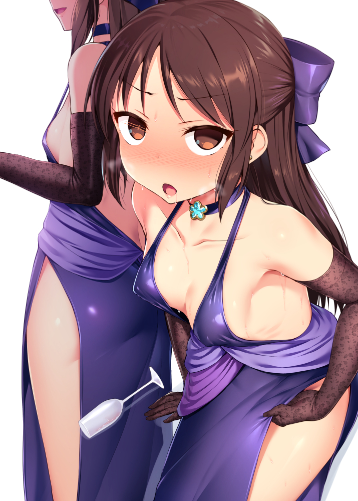 ass backless_dress backless_outfit bare_shoulders blush bow breasts breath brown_eyes brown_gloves brown_hair champagne_flute choker cleavage collarbone commentary_request covered_nipples cup dress drinking_glass drugged earrings elbow_gloves empty_eyes eyebrows_visible_through_hair gloves hair_bow half_updo halterneck heavy_breathing idolmaster idolmaster_cinderella_girls jewelry lips long_hair looking_at_viewer multiple_views open_mouth purple_dress satou_kuuki side_slit simple_background small_breasts smile strap_gap stud_earrings sweat tachibana_arisu white_background