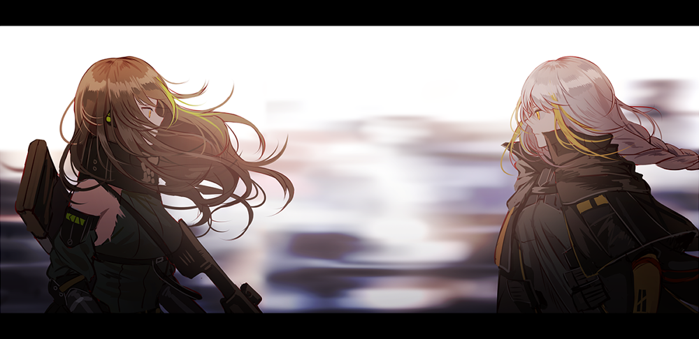 arm_guards assault_rifle bangs blonde_hair blurry blurry_background braid breasts brown_eyes brown_hair cloak corruption detached_sleeves eyepatch floating_hair gas_mask girls_frontline ground_vehicle gun hair_between_eyes headphones holding jacket letterboxed long_hair looking_at_another m16a1 m16a1_(girls_frontline) m4_carbine m4a1_(girls_frontline) mole mole_under_eye multicolored_hair multiple_girls necktie ribbed_sweater rifle sangvis_ferri shirt sidelocks silence_girl single_braid skull_print spoilers streaked_hair sweater sweater_vest torn_clothes train weapon weapon_case white_hair wind yellow_eyes