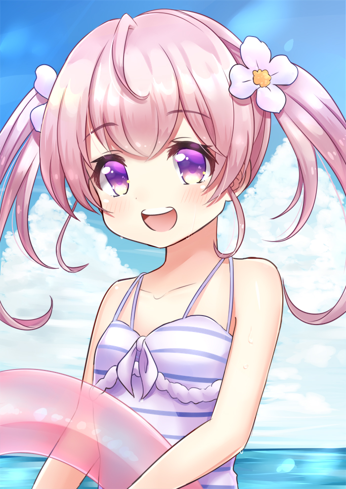ahoge bangs bare_arms bare_shoulders blue_sky breasts cloud collarbone commentary_request day eyebrows_visible_through_hair flower hair_between_eyes hair_flower hair_ornament horizon innertube long_hair ocean original outdoors pink_hair pink_innertube purple_eyes sidelocks sky small_breasts solo striped striped_swimsuit sunameri_(pixiv3564245) swimsuit transparent twintails water white_flower