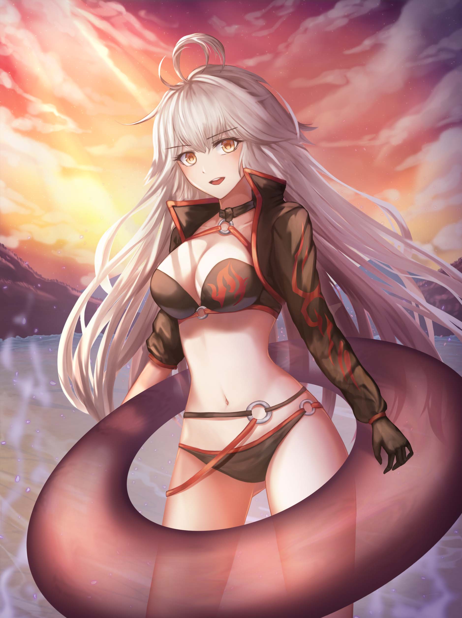 absurdres ass_visible_through_thighs blush breasts brown_eyes cleavage collarbone eyebrows_visible_through_hair fate/grand_order fate_(series) highres holding holding_innertube innertube jeanne_d'arc_(alter_swimsuit_berserker) jeanne_d'arc_(fate)_(all) large_breasts long_hair looking_at_viewer nani_(goodrich) navel parted_lips shrug_(clothing) smile solo sunset white_hair