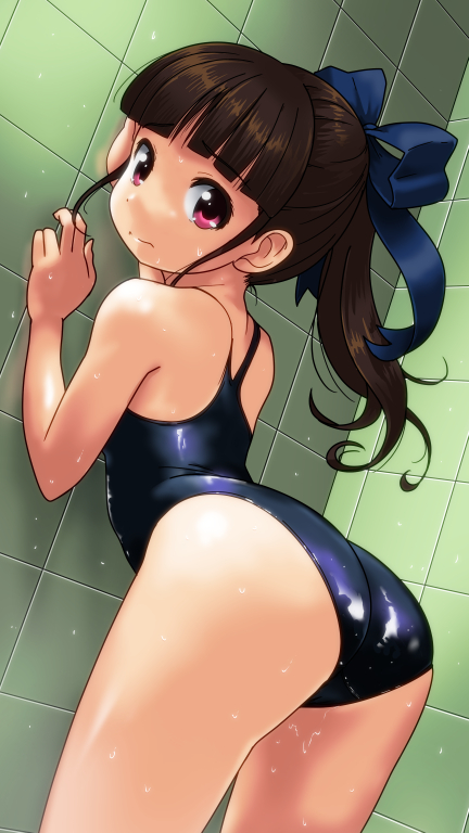 against_wall ass bare_arms bare_shoulders blue_bow blue_swimsuit blush bow brown_hair commentary_request dutch_angle hair_bow indoors leaning_forward long_hair looking_at_viewer looking_back one-piece_swimsuit original ponytail purple_eyes rohitsuka school_swimsuit solo swimsuit tile_wall tiles wet