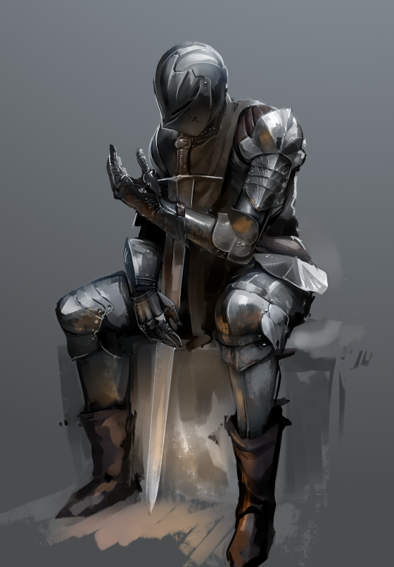 androgynous armor breastplate chainmail commentary english_commentary full_armor gauntlets greaves grey_background helmet knight medieval nisetanaka original planted_sword planted_weapon plate_armor sitting solo sword weapon