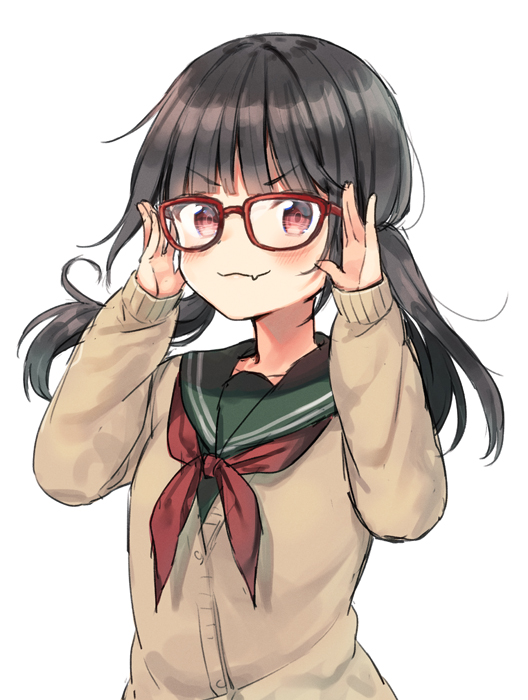 :3 adjusting_eyewear arms_up bangs black_hair blunt_bangs blush brown_cardigan cardigan commentary_request doyagao eyebrows_visible_through_hair fang fang_out fingernails glasses green_sailor_collar green_shirt long_hair long_sleeves looking_at_viewer low_twintails midorikawa_you neckerchief original red-framed_eyewear red_eyes red_neckwear sailor_collar school_uniform serafuku shirt simple_background sleeves_past_wrists smug solo twintails upper_body v-shaped_eyebrows white_background