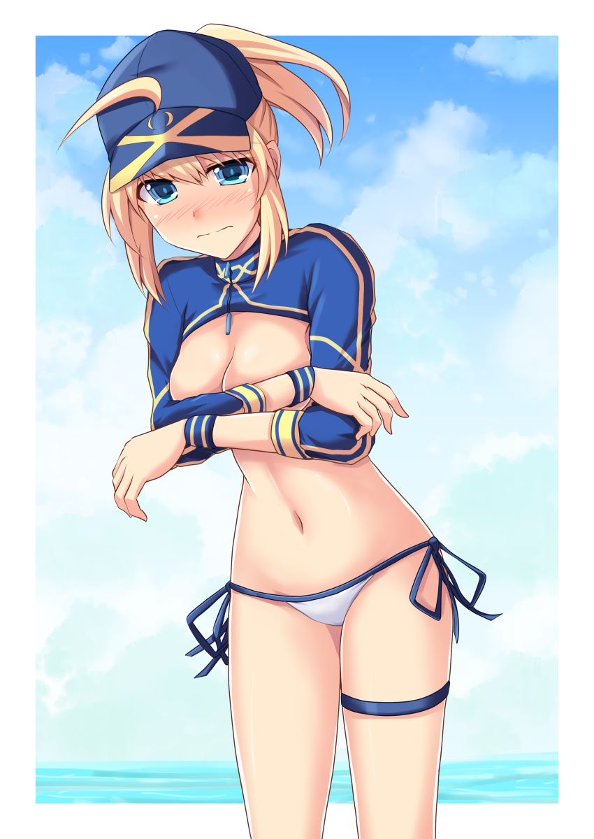 ahoge artoria_pendragon_(all) baseball_cap bikini bikini_bottom blonde_hair blue_eyes blue_hat blue_sky blush border breasts closed_mouth cloud covering covering_breasts cross_(crossryou) day fate/grand_order fate_(series) hair_between_eyes hair_through_headwear hat highres looking_at_viewer medium_breasts mysterious_heroine_xx_(foreigner) navel ponytail short_hair short_ponytail shrug_(clothing) side-tie_bikini sky solo standing swimsuit thigh_strap water white_bikini white_border zipper_pull_tab