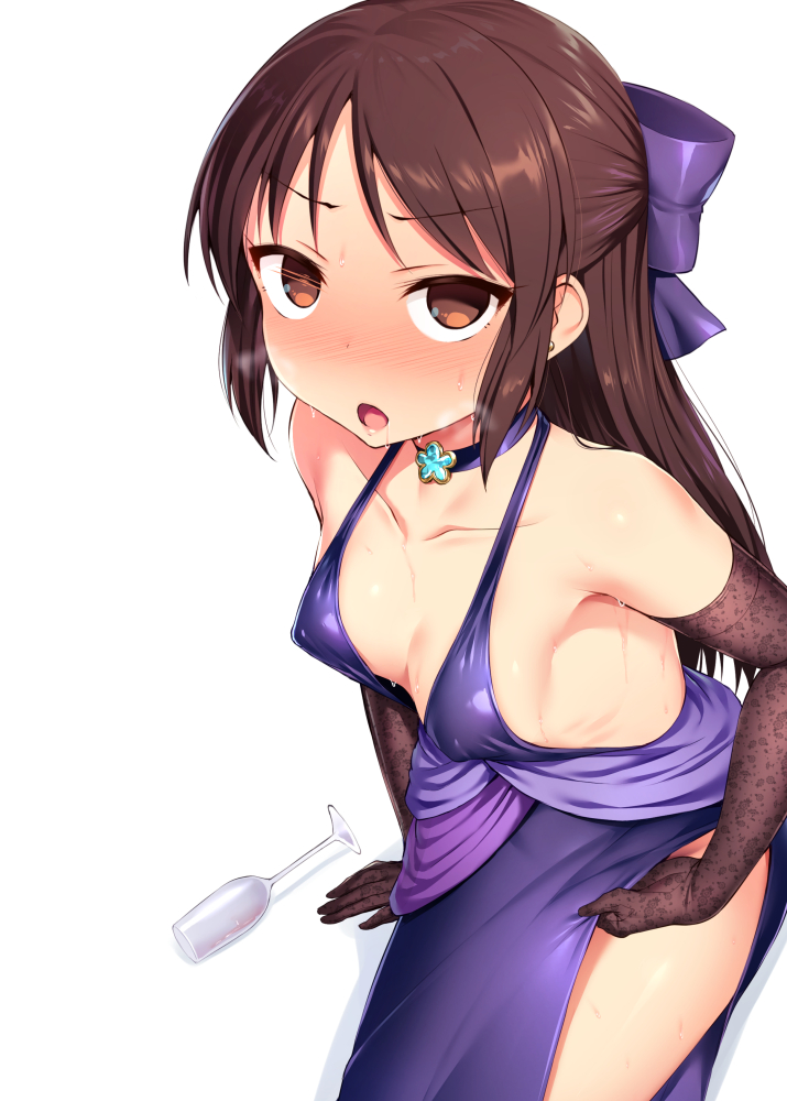 backless_dress backless_outfit bare_shoulders blush bow breasts breath brown_eyes brown_gloves brown_hair champagne_flute choker cleavage collarbone covered_nipples cup dress drinking_glass drugged earrings elbow_gloves empty_eyes eyebrows_visible_through_hair gloves hair_bow half_updo halterneck heavy_breathing idolmaster idolmaster_cinderella_girls jewelry lips long_hair looking_at_viewer multiple_views open_mouth purple_dress satou_kuuki side_slit simple_background small_breasts strap_gap stud_earrings sweat tachibana_arisu white_background