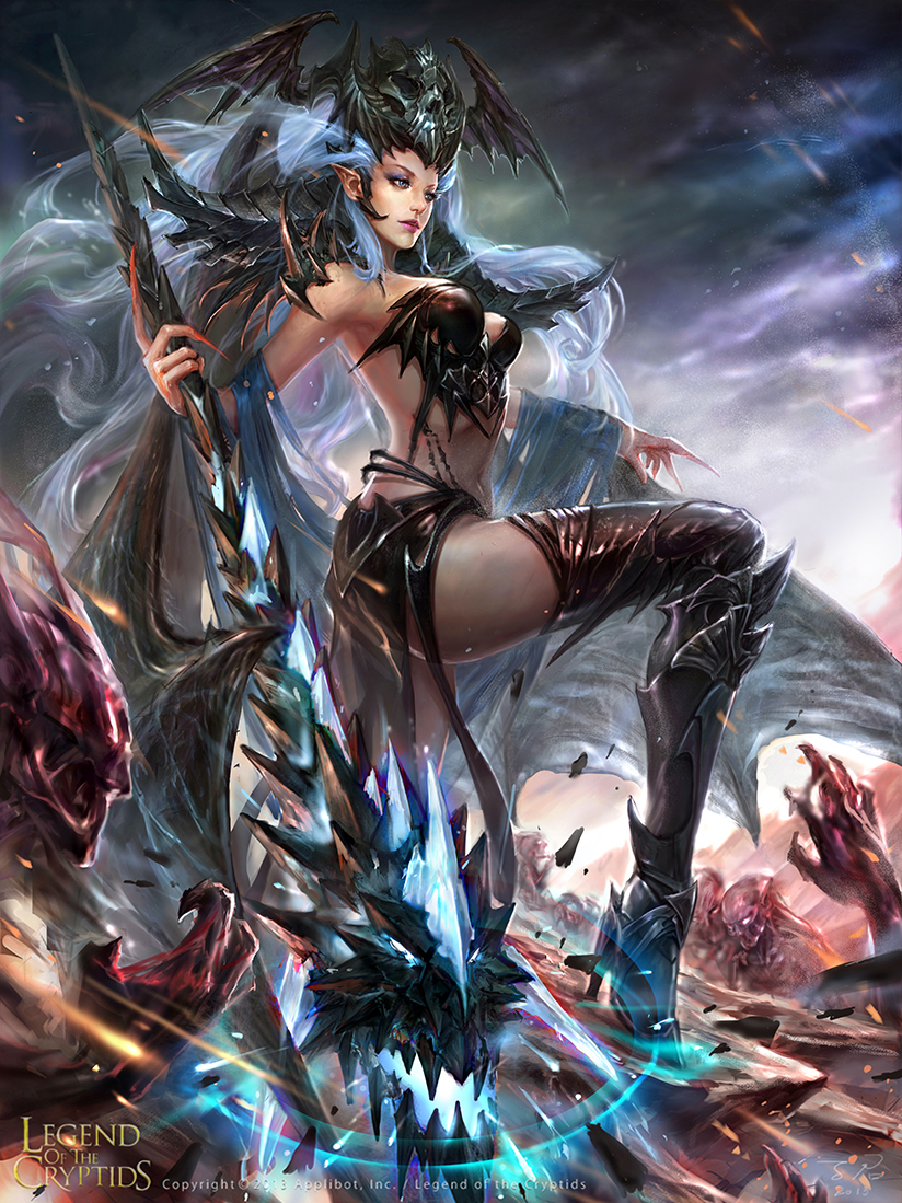 artist_name bat_wings blue_eyes boots breasts cleavage copyright_name dated glowing glowing_eyes hat high_heel_boots high_heels legend_of_the_cryptids long_hair magic midriff navel official_art pointy_ears rock sky solo staff wings zinnadu