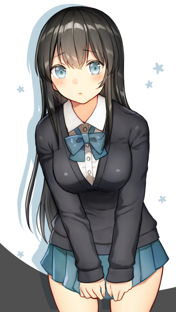 bangs black_hair black_sweater blue_eyes blue_neckwear blue_skirt blush bow bowtie closed_mouth collared_shirt commentary_request cowboy_shot dress_shirt eyebrows_visible_through_hair fingernails grey_background hair_between_eyes kurata_rine leaning_to_the_side long_hair long_sleeves looking_at_viewer original pleated_skirt school_uniform shirt skirt sleeves_past_wrists solo sweater two-tone_background very_long_hair white_background white_shirt