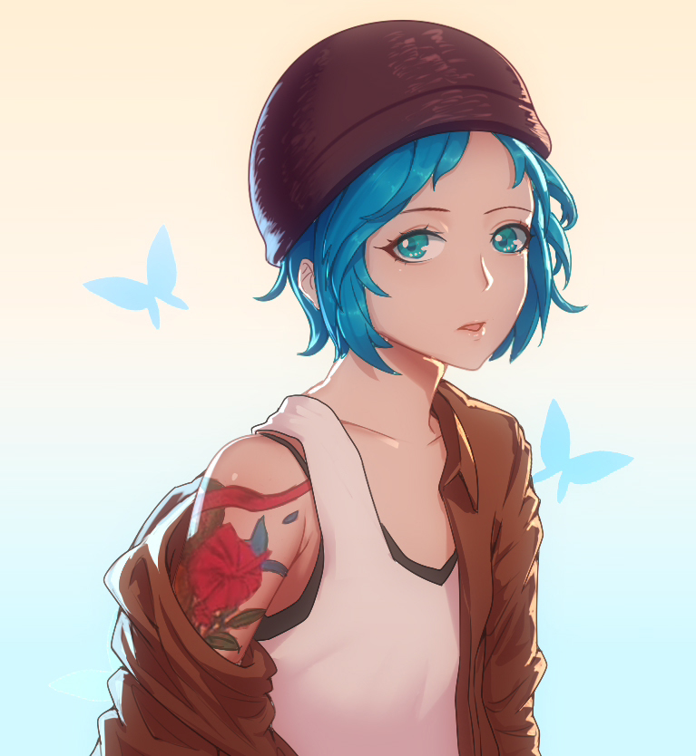 arm_tattoo beanie blue_eyes blue_hair brown_jacket bug butterfly chloe_price hat insect jacket kokoala life_is_strange looking_at_viewer off_shoulder open_clothes open_jacket parted_lips short_hair solo tank_top tattoo upper_body
