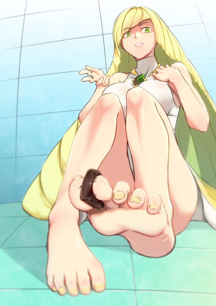 bare_legs bare_shoulders barefoot between_toes blonde_hair breasts chocolate convenient_leg eyebrows_visible_through_hair feet from_below full_body green_eyes large_breasts long_hair looking_at_viewer lusamine_(pokemon) nail_polish parted_lips pokemon pokemon_(game) pokemon_sm sitting soles solo toenail_polish toes valentine very_long_hair yamauchi_(conan-comy) yellow_nails