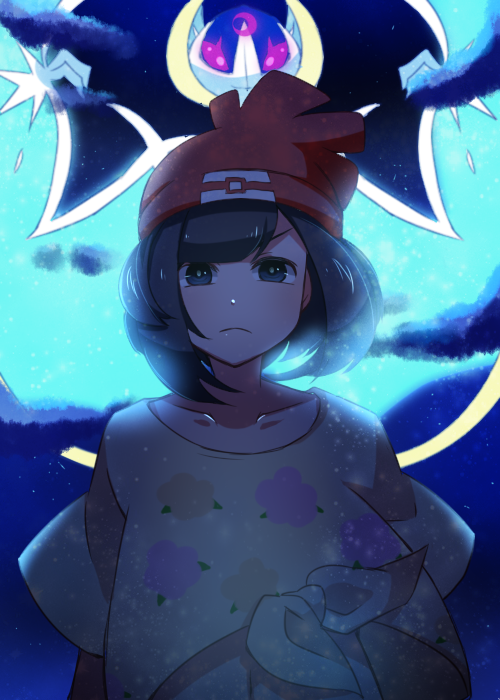 beanie black_eyes black_hair closed_mouth commentary_request frown gen_7_pokemon hat lunala mizuki_(pokemon) mochi_(g_mochi) night night_sky pokemon pokemon_(creature) pokemon_(game) pokemon_sm red_hat shirt short_hair short_sleeves sky tied_shirt wind wind_lift