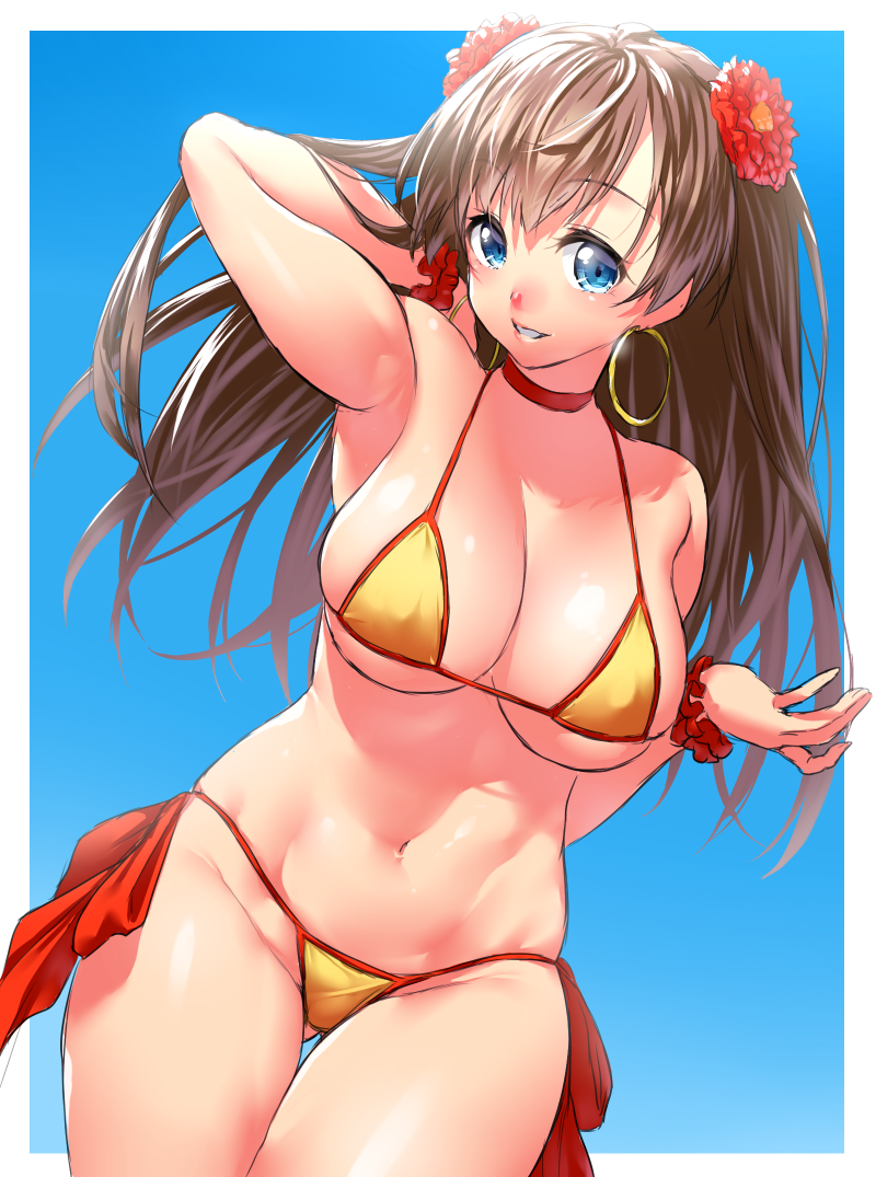adapted_costume ass_visible_through_thighs bikini blue_eyes breasts brown_hair cleavage commentary_request earrings fate/grand_order fate_(series) flower hair_flower hair_ornament hoop_earrings jewelry large_breasts lips long_hair looking_at_viewer mata_hari_(fate/grand_order) navel onsoku_maru orange_bikini scrunchie smile solo swimsuit thigh_gap thighs