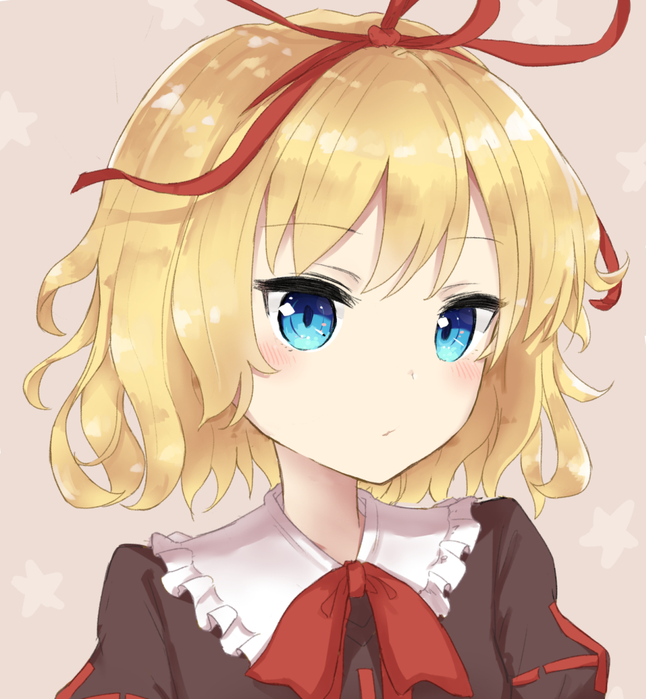 bangs blonde_hair blue_eyes blush bow brown_background brown_shirt closed_mouth coraman eyebrows_visible_through_hair frilled_shirt_collar frills hair_ribbon head_tilt medicine_melancholy portrait puffy_sleeves red_bow red_ribbon ribbon shirt solo star starry_background touhou