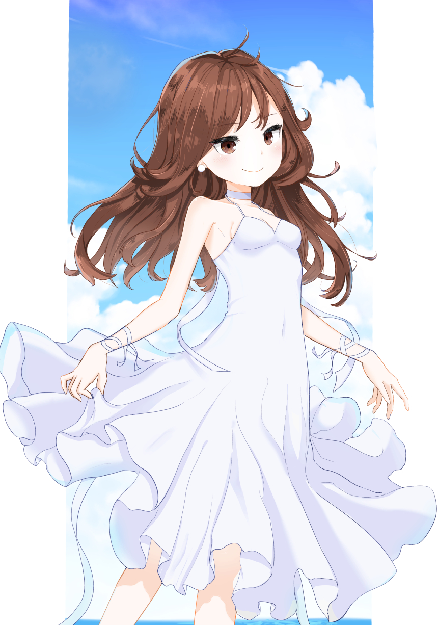 arm_ribbon bangs bare_shoulders blue_sky blush breasts brown_eyes brown_hair choker closed_mouth cloud collarbone commentary coraman day dress earrings eyebrows_visible_through_hair highres horizon jewelry long_hair ocean original pleated_dress ribbon skirt_hold sky sleeveless sleeveless_dress small_breasts smile solo standing sundress water white_choker white_dress white_ribbon